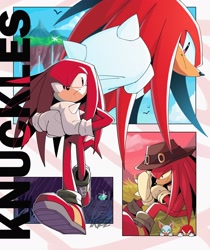 Size: 1722x2048 | Tagged: safe, artist:trizziefrizzie, knuckles the echidna, bird, 2025, angel island, character name, cracking knuckle, daytime, frown, grass, hat, literal animal, looking at viewer, looking offscreen, master emerald, nighttime, outdoors, poster, rain, sitting, smile, solo, sunset, walking