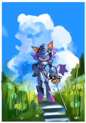 Size: 1434x2047 | Tagged: safe, artist:legochet, blaze the cat, 2025, abstract background, clouds, daytime, grass, hand on hip, holding something, knight armor, outdoors, sir percival, solo, standing, sword