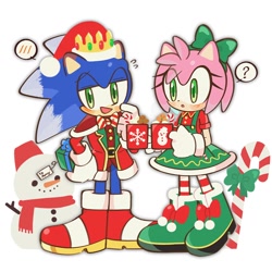 Size: 1280x1280 | Tagged: safe, artist:kumoggu, amy rose, sonic the hedgehog, amy x sonic, candy, candy cane, christmas, christmas outfit, drink, duo, gift box, hat, holding something, mug, present, santa hat, shipping, simple background, snowman, straight, white background