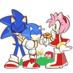 Size: 1280x1280 | Tagged: safe, artist:kumoggu, amy rose, knuckles the echidna, miles "tails" prower, sonic the hedgehog, amy x sonic, bush, classic sonic, eyes closed, flower, group, holding something, holding them, looking at them, question mark, shipping, simple background, standing, straight, white background