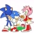 Size: 1280x1280 | Tagged: safe, artist:kumoggu, amy rose, knuckles the echidna, miles "tails" prower, sonic the hedgehog, amy x sonic, bush, classic sonic, classic sonic (universe), eyes closed, female, flower, group, holding something, holding them, looking at them, male, question mark, shipping, simple background, standing, straight, white background