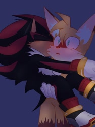 Size: 768x1024 | Tagged: safe, artist:marcy_darcy444, miles "tails" prower, shadow the hedgehog, 2025, blue background, blushing, carrying them, duo, ear fluff, eyes closed, gay, kiss on cheek, shadow x tails, shipping, simple background, standing