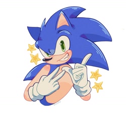 Size: 1295x1189 | Tagged: safe, artist:lukzfyu, sonic the hedgehog, 2025, backwards v sign, blushing, bust, looking at viewer, pointing, simple background, smile, solo, star (symbol), v sign, white background