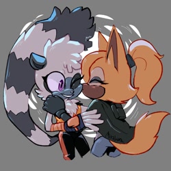 Size: 2000x2000 | Tagged: safe, artist:miralura, tangle the lemur, whisper the wolf, 2024, abstract background, cute, duo, eyes closed, hand on shoulder, kiss on cheek, lesbian, looking at them, one eye closed, shipping, smile, standing, tangle x whisper