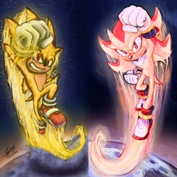 Size: 2048x2048 | Tagged: safe, artist:2gdex, artist:miralura, shadow the hedgehog, sonic the hedgehog, super shadow, super sonic, sonic the hedgehog 3 (film), 2025, abstract background, clenched fist, duo, flying, looking at viewer, planet, signature, smile, space, super form