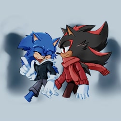 Size: 2000x2000 | Tagged: safe, artist:miralura, shadow the hedgehog, sonic the hedgehog, comic:spy (miralura), 2025, alternate outfit, alternate universe, au:spy (miralura), coat, comic, duo, eyes closed, gay, grey background, holding hands, lidded eyes, looking at them, pants, scarf, shadow (lighting), shadow x sonic, shipping, shorts, simple background, smile, walking, winter outfit