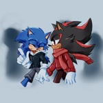 Size: 2000x2000 | Tagged: safe, artist:miralura, shadow the hedgehog, sonic the hedgehog, comic:spy (miralura), 2025, alternate outfit, alternate universe, au:spy (miralura), coat, comic, duo, eyes closed, gay, grey background, holding hands, lidded eyes, looking at them, pants, scarf, shadow (lighting), shadow x sonic, shipping, shorts, simple background, smile, walking, winter outfit