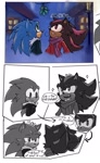 Size: 1230x2000 | Tagged: safe, artist:miralura, shadow the hedgehog, sonic the hedgehog, comic:spy (miralura), 2025, abstract background, alternate outfit, alternate universe, au:spy (miralura), christmas, coat, comic, dialogue, duo, english text, frown, gay, mistletoe, nervous, scarf, shadow x sonic, shipping, smile, sparkles, speech bubble, winter outfit