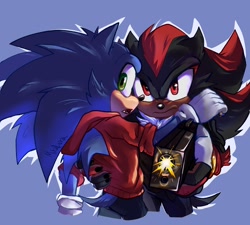 Size: 2048x1840 | Tagged: safe, artist:miralura, shadow the hedgehog, sonic the hedgehog, 2024, alternate outfit, au:spy (miralura), blue background, duo, gay, gun, holding something, holding them, jacket, looking at viewer, looking back, looking offscreen, pants, shadow x sonic, shipping, simple background, standing