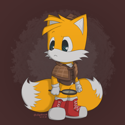 Size: 2000x2000 | Tagged: safe, artist:chopshmuck, miles "tails" prower, the murder of sonic the hedgehog, 2023, :<, abstract background, boots, cute, frown, holding something, looking offscreen, magnifying glass, signature, solo, standing