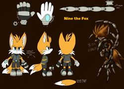 Size: 3500x2500 | Tagged: safe, artist:blossomkawaiigem321, miles "tails" prower, nine, sonic prime, 2023, character name, dialogue, english text, flat colors, frown, reference sheet, simple background, solo