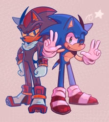 Size: 1526x1712 | Tagged: safe, artist:kaibubbless, shadow the hedgehog, sonic the hedgehog, double v sign, duo, frown, gay, looking at viewer, shadow x sonic, shipping, smile, standing, star (symbol), tongue out, top surgery scars, trans male, transgender, v sign, watermark, wink, yellow sclera