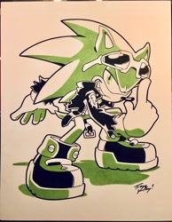 Size: 1590x2048 | Tagged: safe, artist:tracy yardley, scourge the hedgehog, 2025, lidded eyes, looking at viewer, monochrome, pointing, signature, smile, solo, traditional media