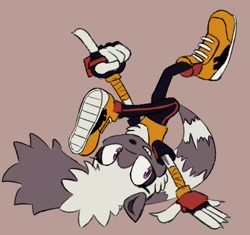 Size: 2048x1929 | Tagged: safe, artist:sharlshark, tangle the lemur, 2025, beige background, handstand, looking at viewer, pointing, simple background, smile, solo, upside down