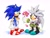 Size: 2048x1536 | Tagged: safe, artist:hotsmokeycowboy, silver the hedgehog, sonic the hedgehog, 2025, blushing, cute, duo, flower, gay, holding something, looking at each other, offering flower, petal, shipping, silver x sonic, simple background, sitting, smile, standing, white background