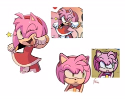 Size: 2048x1631 | Tagged: safe, artist:freessso, amy rose, 2025, annoyed, arms folded, duo, looking at viewer, looking offscreen, mouth open, pout, redraw, reference inset, signature, simple background, smile, star (symbol), white background, wink