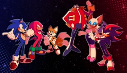 Size: 1270x726 | Tagged: safe, artist:tyso_art, knuckles the echidna, miles "tails" prower, robotnik, rouge the bat, shadow the hedgehog, sonic the hedgehog, human, sonic adventure 2, 2025, abstract background, group, outline, signature, standing