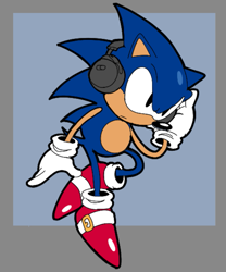 Size: 657x789 | Tagged: safe, artist:casinobunbun, sonic the hedgehog, 2025, classic sonic, frown, headphones, looking offscreen, solo