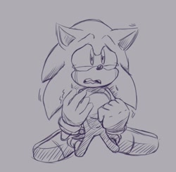 Size: 969x949 | Tagged: safe, artist:jeffydust, sonic the hedgehog, 2024, clenched fist, crying, grey background, greyscale, kneeling, looking offscreen, monochrome, mouth open, shivering, simple background, solo, tears