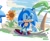 Size: 1503x1222 | Tagged: safe, artist:neku_646611, sonic the hedgehog, classic sonic, clouds, daytime, flower, outdoors, palm tree, solo, sunflower