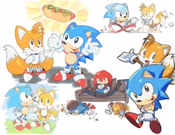 Size: 2048x1583 | Tagged: safe, artist:rneku64661, knuckles the echidna, miles "tails" prower, sonic the hedgehog, bowl, classic knuckles, classic sonic, classic tails, couch, food, popcorn, running, sitting, trio