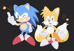 Size: 2048x1422 | Tagged: safe, artist:rneku64661, miles "tails" prower, sonic the hedgehog, duo, grin, smile, standing, star (symbol), thumbs up, wink