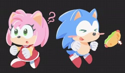 Size: 2048x1200 | Tagged: safe, artist:rneku64661, amy rose, sonic the hedgehog, amybetes, blushing, chibi, chili dog, cute, duo, eyes closed, food, question mark, sonabetes, sonic & friends