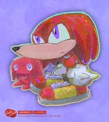 Size: 1000x1120 | Tagged: safe, artist:ropuning, knuckles the echidna, chao, character chao, duo, knuckles chao, purple background, simple background, standing