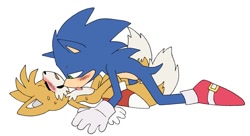 Size: 1028x560 | Tagged: suggestive, artist:pachirizuu, miles "tails" prower, sonic the hedgehog, 2025, age difference, all fours, blushing, duo, eyes closed, gay, licking, licking chest, lidded eyes, looking at them, lying down, shipping, simple background, sonic x tails, sweatdrop, tongue out, underage, white background