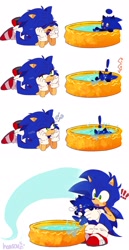 Size: 1058x2048 | Tagged: safe, artist:h0asov, sonic the hedgehog, chao, 2025, carrying them, character chao, duo, exclamation mark, lying on front, pool, question mark, saving, signature, simple background, sonic chao, water, wet, white background, yawning