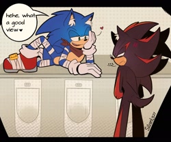 Size: 1935x1608 | Tagged: suggestive, artist:silverk_321, shadow the hedgehog, sonic the hedgehog, ..., 2025, abstract background, bathroom, cross popping vein, dialogue, duo, ear fluff, english text, flirting, frown, gay, heart, implied nudity, indoors, looking at each other, shadow x sonic, shipping, signature, sonic boom (tv), speech bubble, squinting, standing, urinal