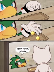 Size: 700x945 | Tagged: safe, artist:theadamay1, jet the hawk, 2025, abstract background, coin, comic, cute, dialogue, duo, english text, generic mobian, jetabetes, looking at each other, money, pun, sparkles, speech bubble, standing, tony hawk