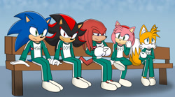 Size: 1922x1069 | Tagged: safe, artist:phoenixfennec, amy rose, knuckles the echidna, miles "tails" prower, shadow the hedgehog, sonic the hedgehog, 2025, bench, crossover, frown, gay, group, holding hands, shadow x sonic, shipping, sitting, squid game