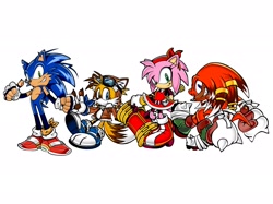 Size: 2048x1535 | Tagged: safe, artist:rozer0ry_, editor:rozer0ry , amy rose, knuckles the echidna, miles "tails" prower, sonic the hedgehog, 2025, edit, fur markings, group, looking at viewer, piko piko hammer, redesign, simple background, smile, standing, top surgery scars, trans male, transgender, white background