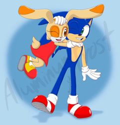 Size: 600x623 | Tagged: safe, artist:aluminumfrost, cream the rabbit, sonic the hedgehog, 2024, duo, flying, hugging, looking at each other, obtrusive watermark, one eye closed, platonic, signature, smile, standing, watermark, wholesome