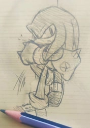 Size: 885x1250 | Tagged: safe, artist:sparckleth, knuckles the echidna, 2023, arms folded, frown, looking at viewer, pencilwork, signature, solo, standing, traditional media