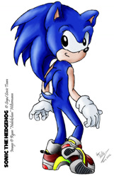 Size: 629x975 | Tagged: safe, artist:nabikchan, sonic the hedgehog, 2002, character name, looking back, looking offscreen, signature, simple background, smile, soap shoes, solo, standing, white background