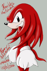 Size: 498x755 | Tagged: safe, artist:nabikchan, knuckles the echidna, 2002, character name, clenched teeth, grey background, looking at viewer, looking back, looking back at viewer, male, signature, simple background, smile, solo, standing