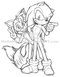 Size: 782x1000 | Tagged: safe, artist:marama-artz, miles "tails" prower, sonic the hedgehog, 2010, clenched teeth, duo, duo male, line art, looking at viewer, male, males only, monochrome, obtrusive watermark, pointing, signature, simple background, smile, standing, v sign, watermark, white background