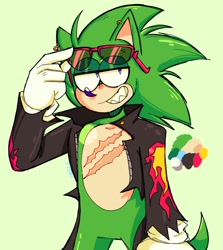 Size: 1464x1644 | Tagged: safe, artist:cheezy_picklezz, scourge the hedgehog, clenched teeth, green background, lidded eyes, looking offscreen, sharp teeth, simple background, smile, solo, standing