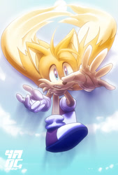 Size: 1000x1482 | Tagged: safe, artist:yangharmony, miles "tails" prower, 2022, abstract background, clenched fist, clouds, daytime, flying, mouth open, outdoors, reaching out, reaching towards the viewer, signature, solo, spinning tails