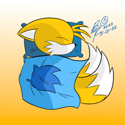 Size: 1000x1000 | Tagged: safe, artist:25ultragamer, miles "tails" prower, 2023, blanket, eyes closed, floppy ears, gradient background, lying down, lying on side, pillow, signature, sleeping, solo