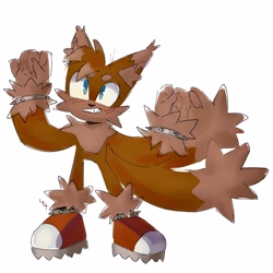 Size: 4000x4000 | Tagged: safe, artist:yulayumeno, miles "tails" prower, 2022, beanbrows, clenched fists, clenched teeth, ear fluff, looking up, simple background, smile, solo, standing, were form, werefox, white background