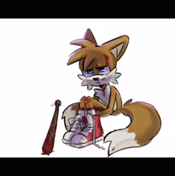 Size: 3990x4000 | Tagged: safe, artist:yulayumeno, miles "tails" prower, 2022, arm fluff, baseball bat, bleeding, blood, boots, frown, implied murder, injured, lidded eyes, looking offscreen, nosebleed, shoelaces, simple background, sitting, socks, solo, white background