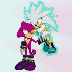 Size: 2048x2048 | Tagged: safe, artist:nigaude_, espio the chameleon, silver the hedgehog, 2024, arm around shoulders, duo, flying, gay, gradient background, holding each other, holding hands, mid-air, shipping, silvio, smile, standing, wink