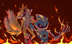 Size: 2000x1217 | Tagged: safe, artist:straybird25, metal sonic, miles "tails" prower, 2020, abstract background, black sclera, bleeding, blood, clenched teeth, duo, ear fluff, eyes closed, fight, fire, floppy ears, gloves off, holding another's neck, injured, looking at viewer, nosebleed, robot, shine