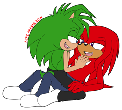 Size: 1105x1000 | Tagged: suggestive, artist:beniaranas, knuckles the echidna, gay, hand on chest, hand on leg, knuckles x manic, knuxmanic, lidded eyes, looking at each other, male, manic the hedgehog, pants, simple background, sitting on them, socks