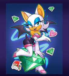 Size: 1827x2016 | Tagged: safe, artist:praquina, knuckles the echidna, rouge the bat, abstract background, chaos emerald, duo, heart, master emerald, outline