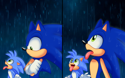 Size: 1800x1123 | Tagged: safe, artist:montyth, sonic the hedgehog, oc, oc:monty the hedgehog, 2024, abstract background, arms folded, duo, looking offscreen, looking up, mouth open, nighttime, outdoors, rain, standing, tongue out