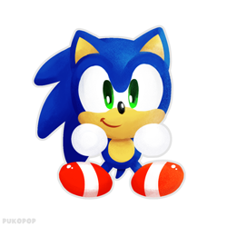 Size: 1116x1116 | Tagged: safe, artist:pukopop, sonic the hedgehog, 2024, chibi, cute, lineless, looking at viewer, signature, simple background, smile, solo, sonabetes, white background